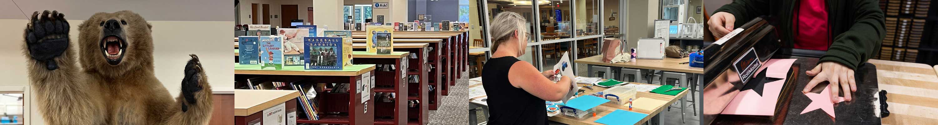 IMC collage with Fred the bear, IMC stacks, and students using the Makerspace to create classroom materials